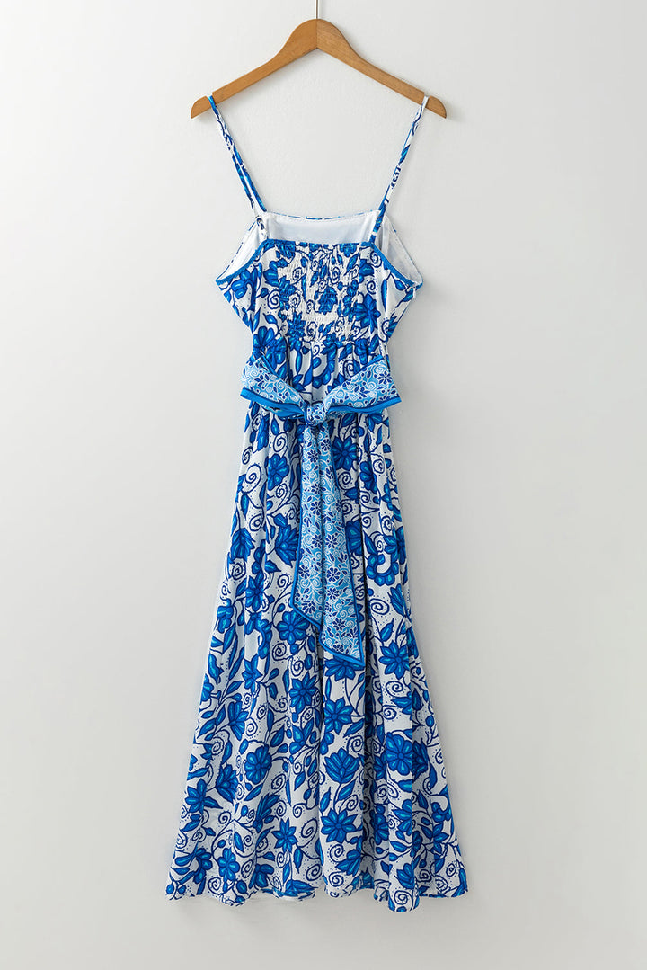 Floral Printed Spaghetti Strap Maxi Dress with Waist Tie