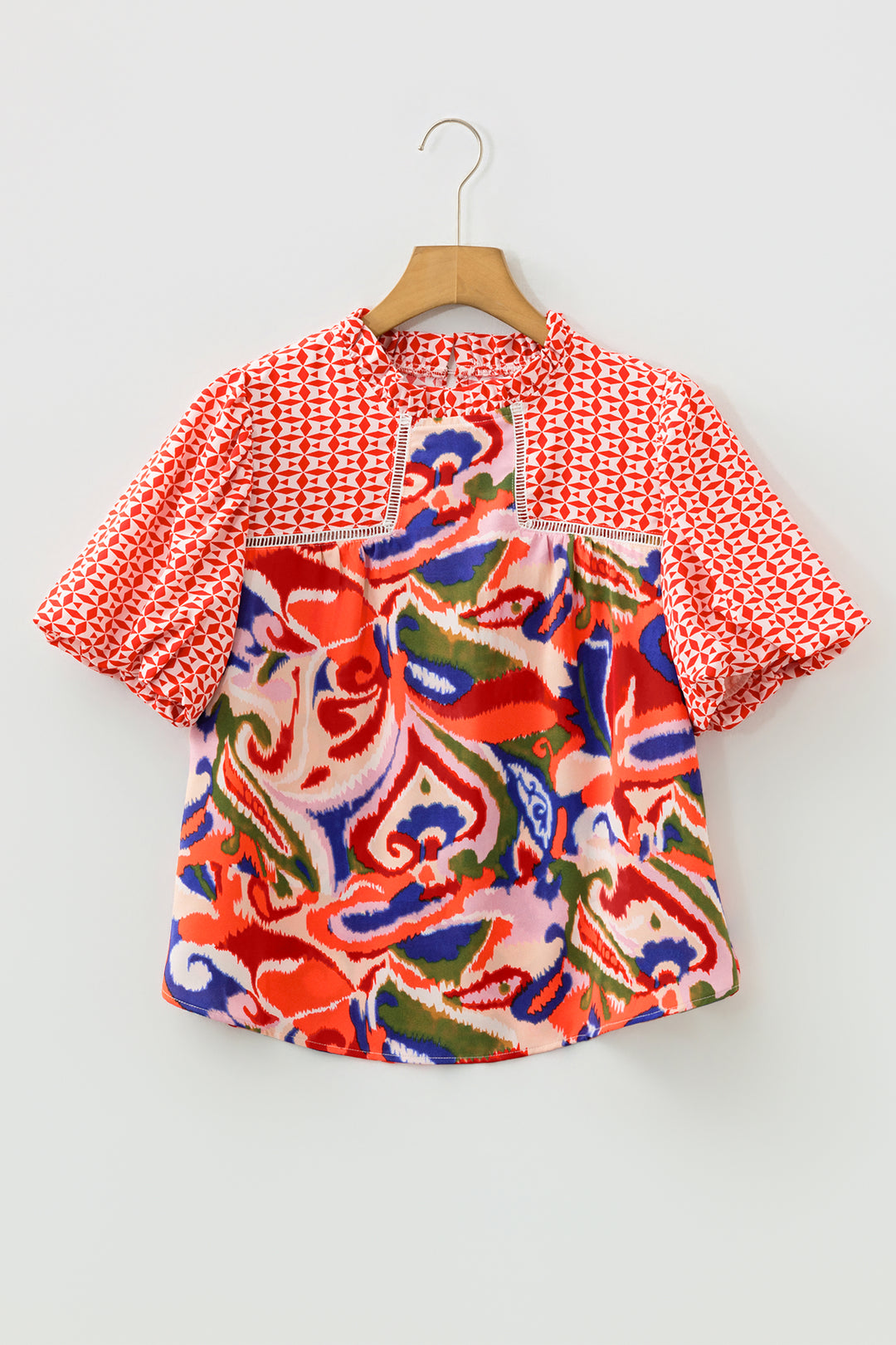 Paisley Geometric Mixed Print Patchwork Puff Sleeve Blouse Top