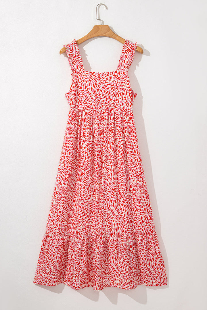 geometric print knot back sleeveless ruffle hem dress