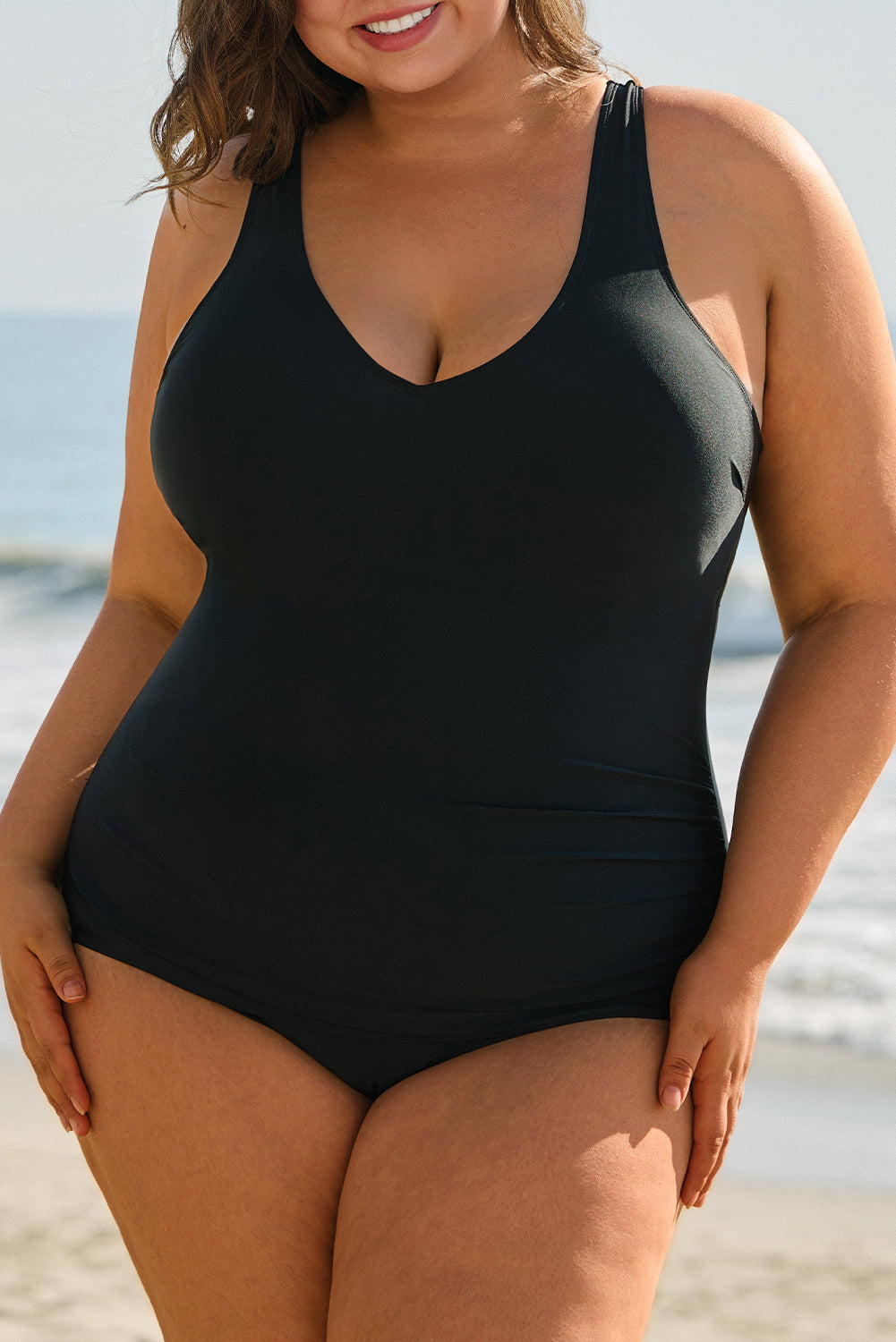 Solid Color U Neck Padded Plus Size One Piece Swimsuit