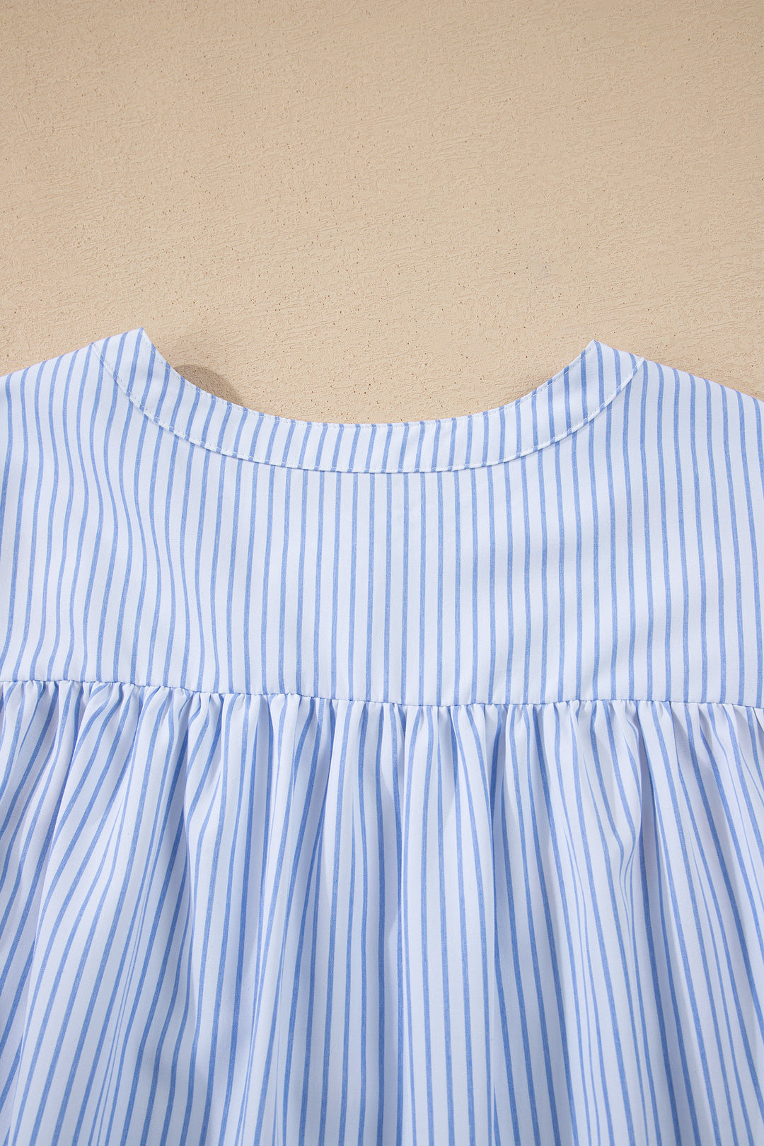 Sky Blue Stripe Floral Embroidered Billowy Sleeve Tunic Baggy Shirt
