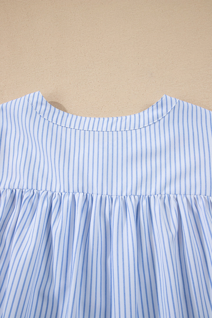 Sky Blue Stripe Floral Embroidered Billowy Sleeve Tunic Baggy Shirt