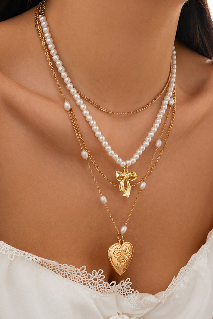 Plated Bow Heart Pendant Pearl Beading Multilayer Necklace