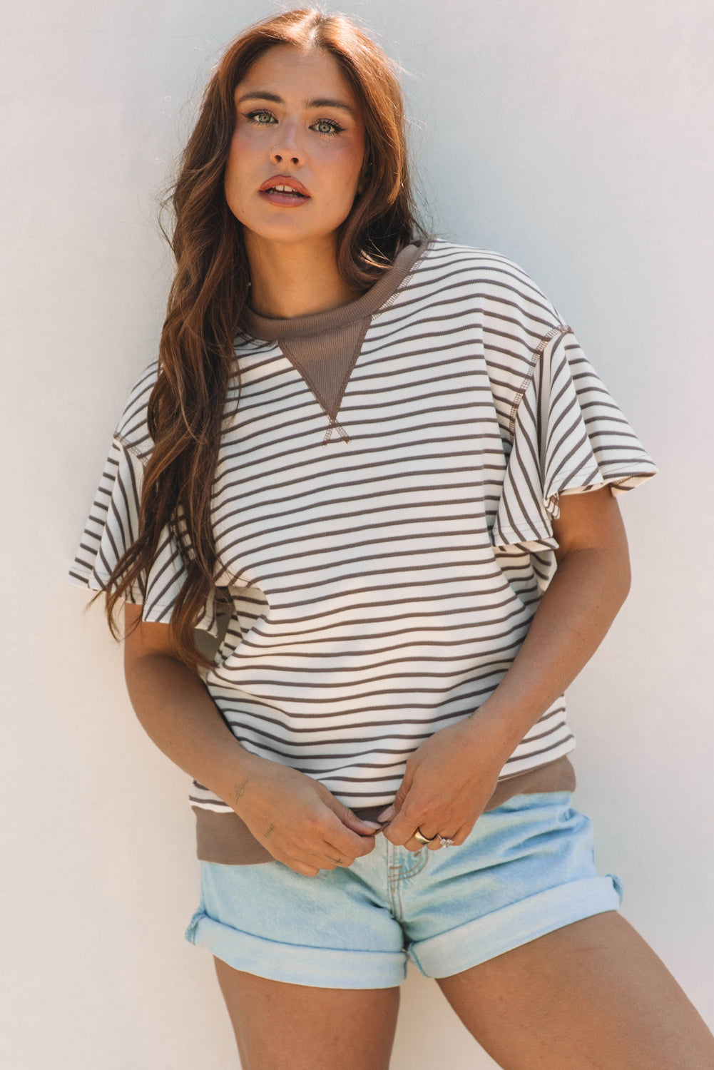contrast detail striped ruffle short sleeve top