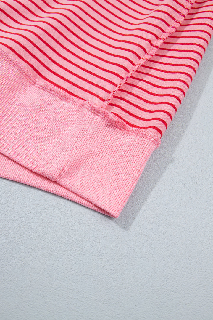Pink Stripe Ribbed Patchwork Mock Neck Baggy Pullover Matching Shorts Set