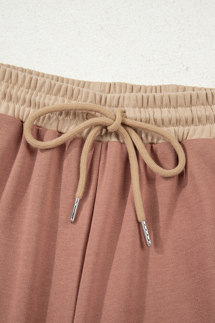 Khaki Color Block Long Sleeve Crop Top Drawstring Pant Set