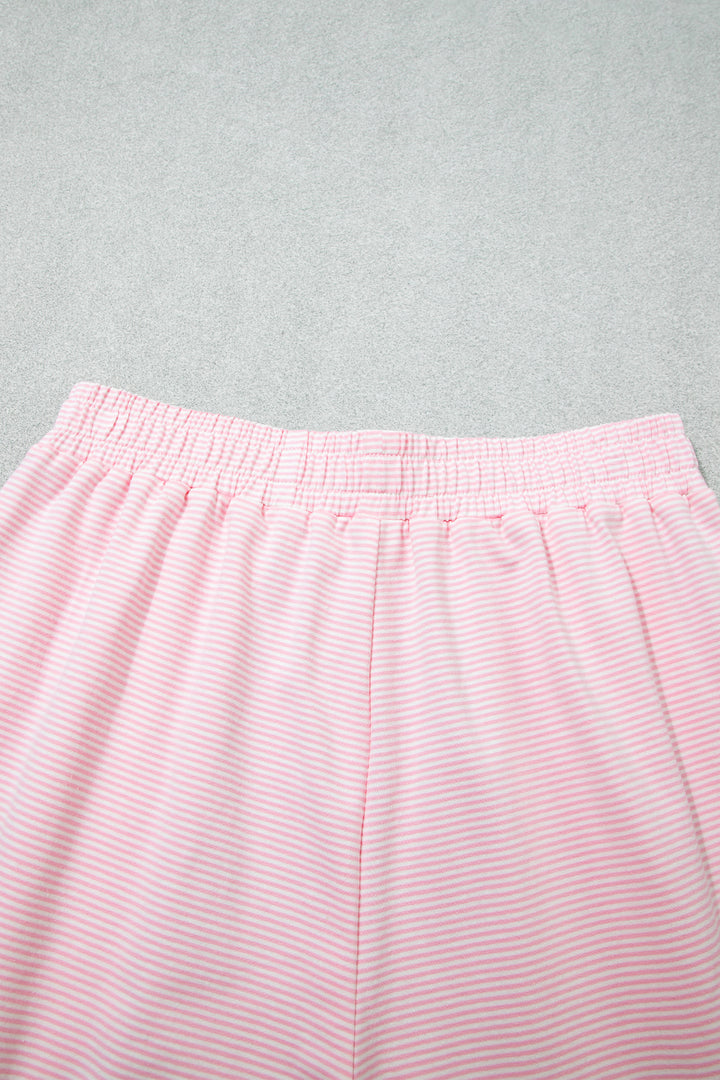 Pink Stripe Color Block Trim Mock Neck Pullover Drawstring Pants Casual Outfit