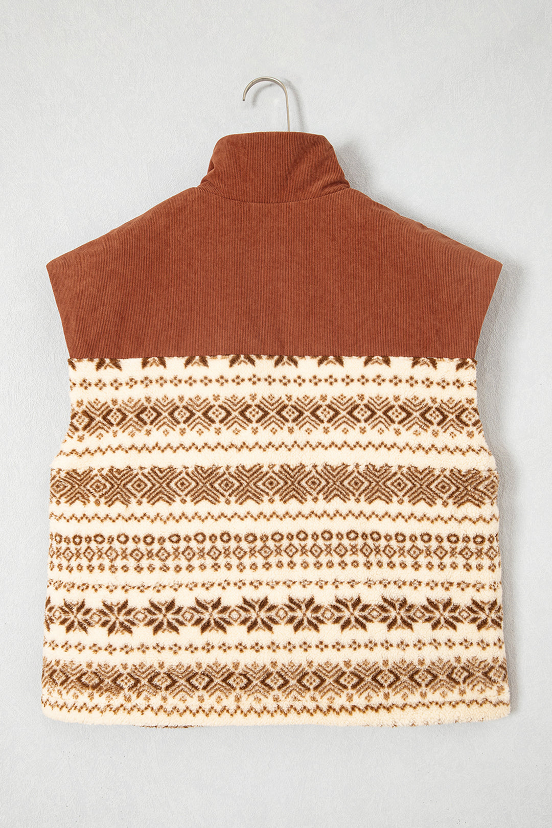 Brown Geometric Print Fleece Metal Zipper Collar Patchwork Design Vest