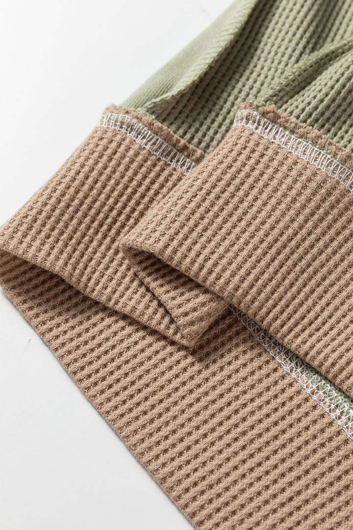 Smoke Green Color Block Mix Texture Waffle Patchwork Oversize Sweatshirt