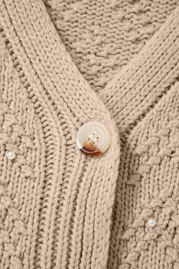 Smoke Gray Pearl Embellished Button Front Sweater Cardigan