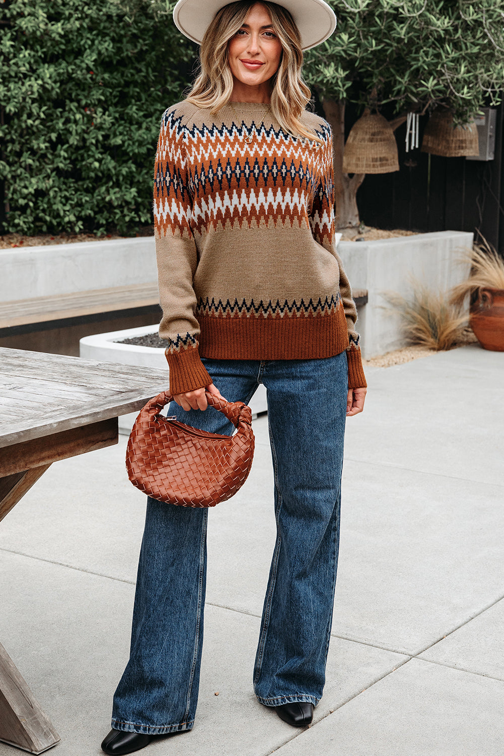 Aztec Print Colorblock Crew Neck Sweater