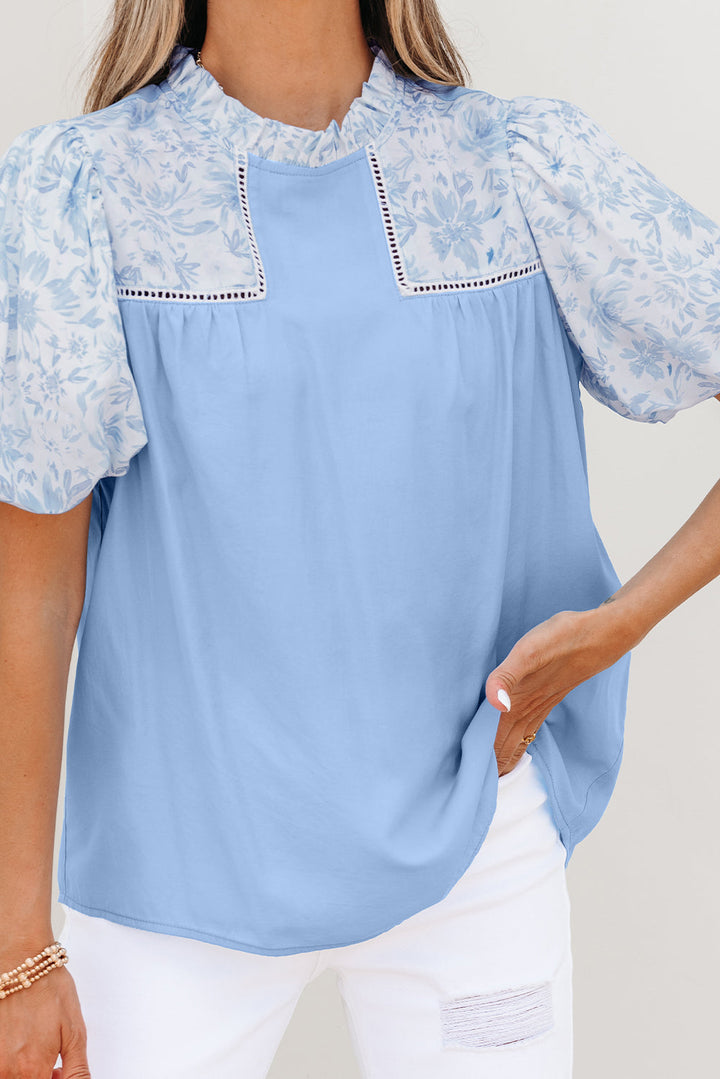 lace insert floral puff sleeve patchwork loose blouse
