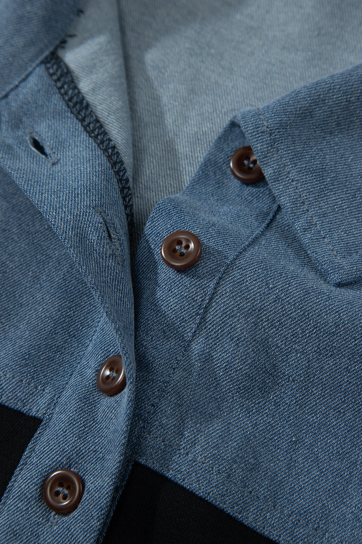 Black Color Block Denim Patchwork Button Polo Collar Short Sleeve Top