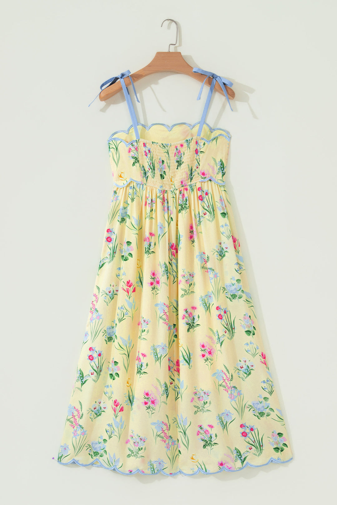 Chic Yellow Floral Print Contrast Trim Self-tie Straps High Waist Midi Dress