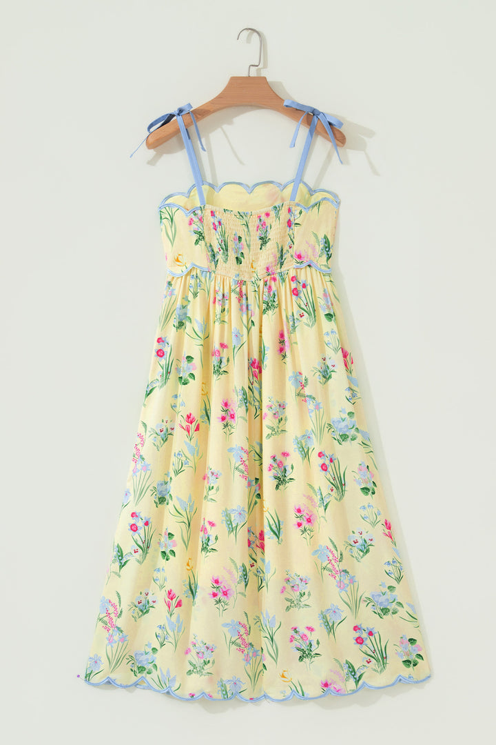 Chic Yellow Floral Print Contrast Trim Self-tie Straps High Waist Midi Dress
