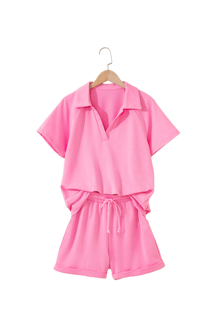 Bonbon Collared V Neck Tee Drawstring Elastic Waist Shorts 2pcs Outfit