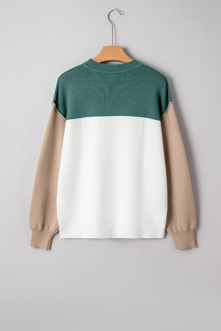 Color Block Plain Ribbed Knit Baggy Sweater