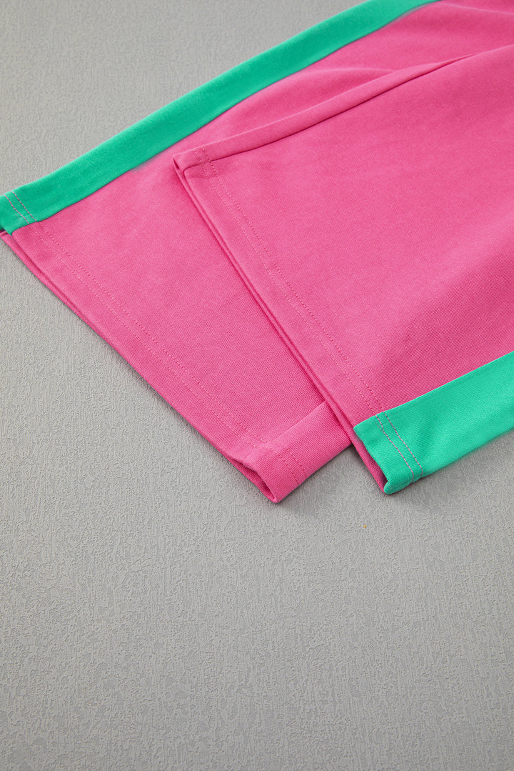 Rose Red 2pcs Color Block Pullover Loose Pant Set