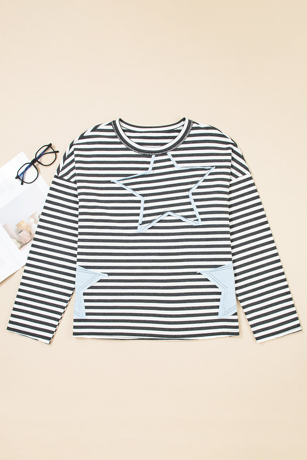 Starry Patch Drop Shoulder Raw Edge Casual Knit Top