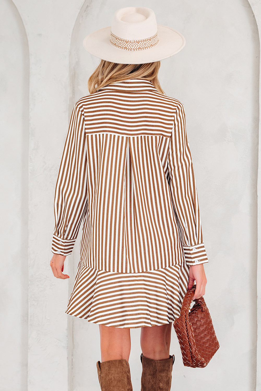 Ruffled Hem Collared Long Sleeve Shirt Mini Dress