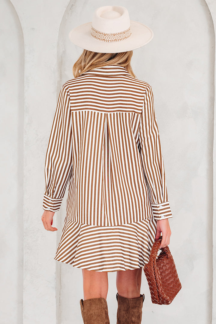 Ruffled Hem Collared Long Sleeve Shirt Mini Dress