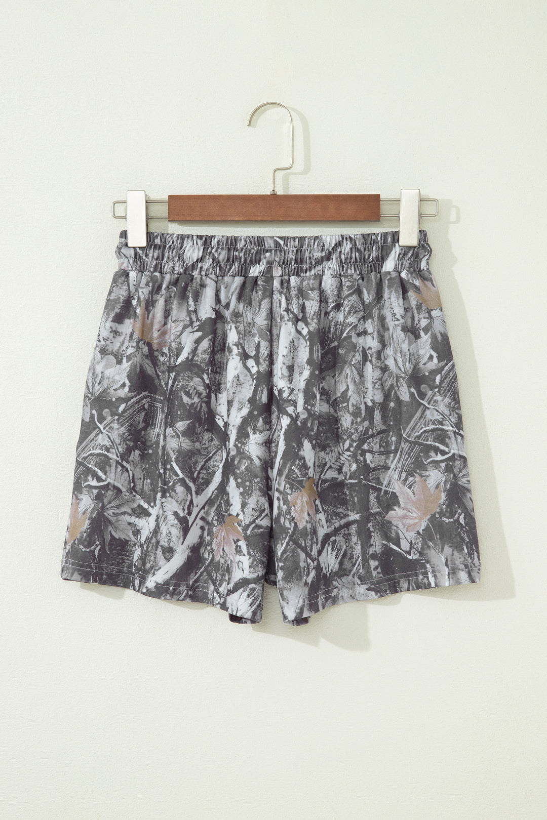 Gray Abstract Maple Leaf Printed Tie Elastic Waist Shorts
