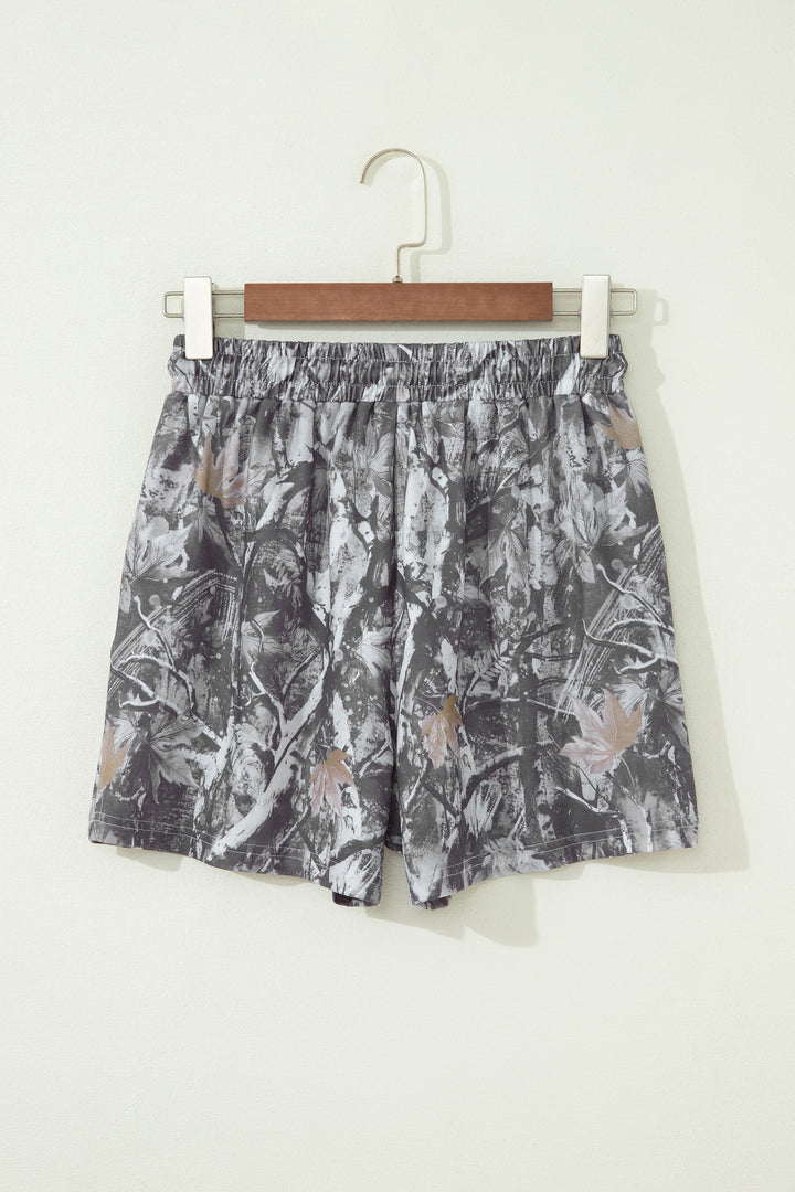 Gray Abstract Maple Leaf Printed Tie Elastic Waist Shorts