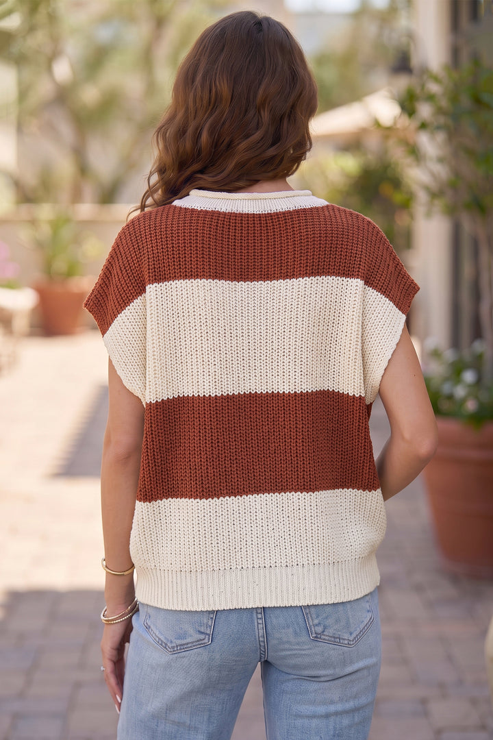 Brown Stripe Colorblock Knit V Neck Short Sleeve Loose Sweater