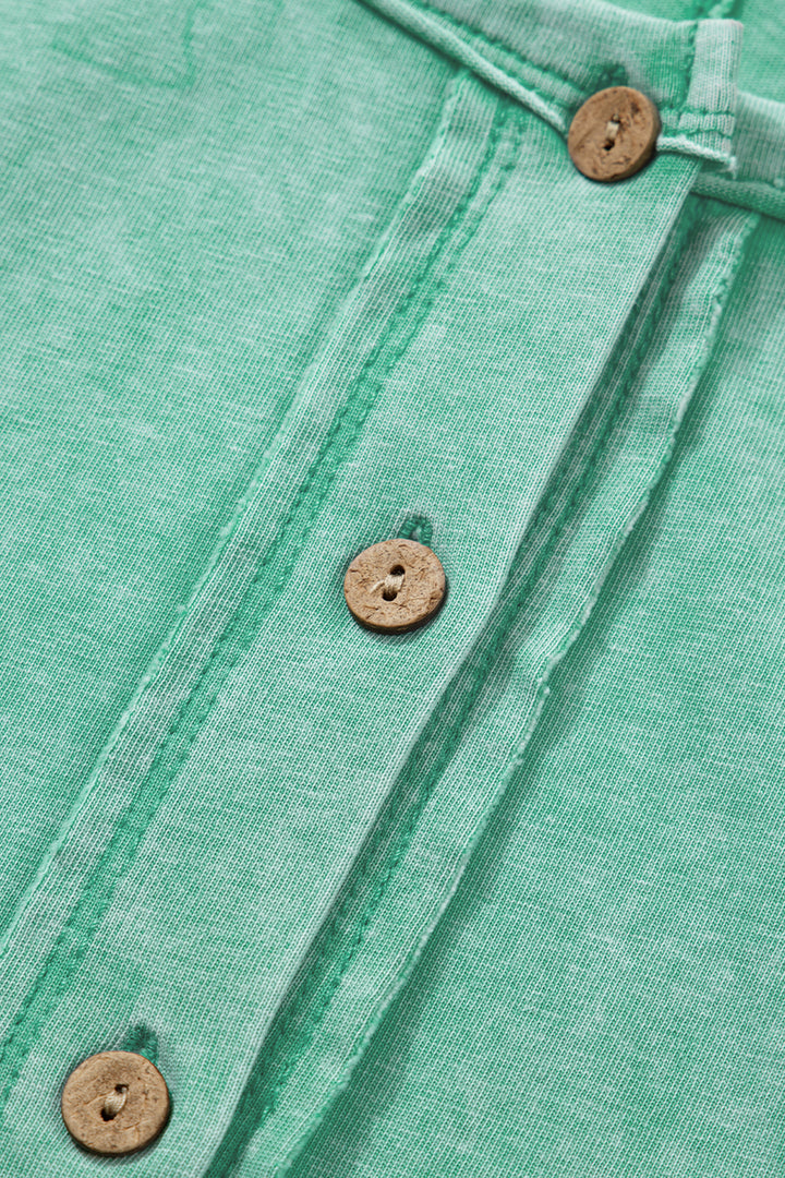 Half Buttons Raw Seam Raglan Sleeve Mineral Wash T Shirt