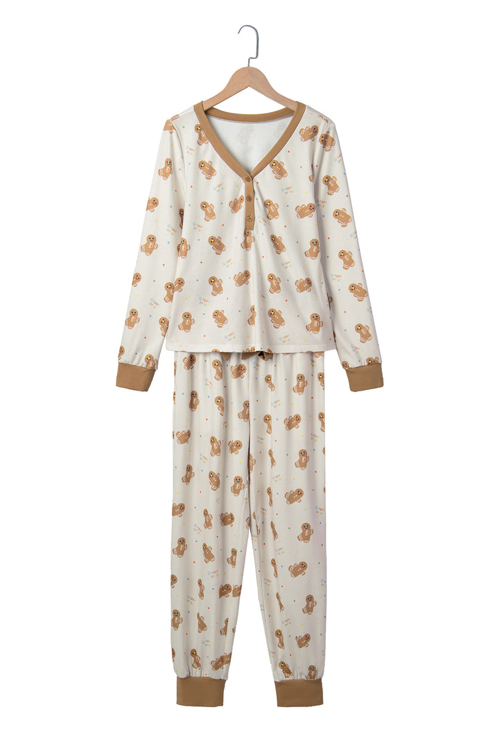 Khaki Abstract Gingerbread Print Colorblock Long Sleeve Two Piece Lounge Set