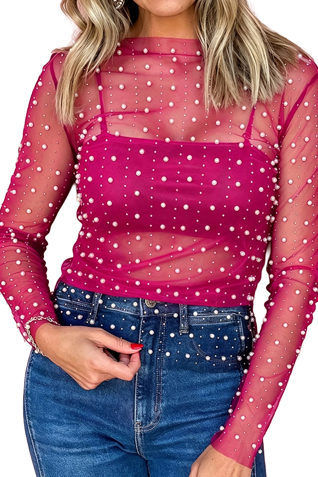 Rose Red Pearl Beaded Mesh Long Sleeve Raw Hem Top