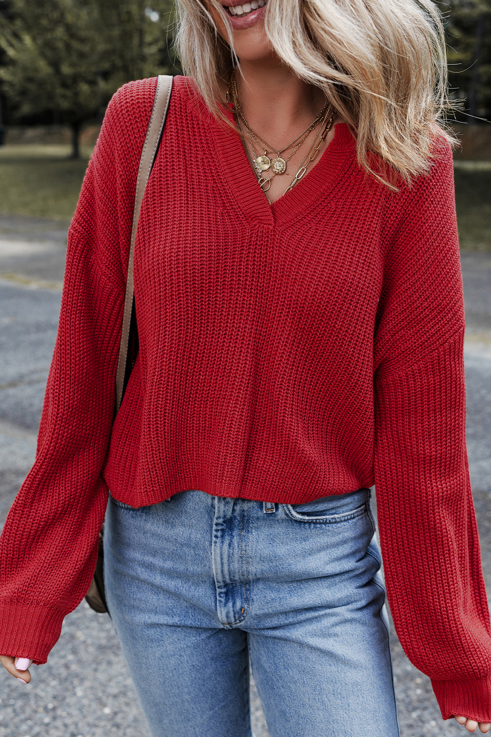 Solid Textured Knit V Neck Drop Shoulder Sweater