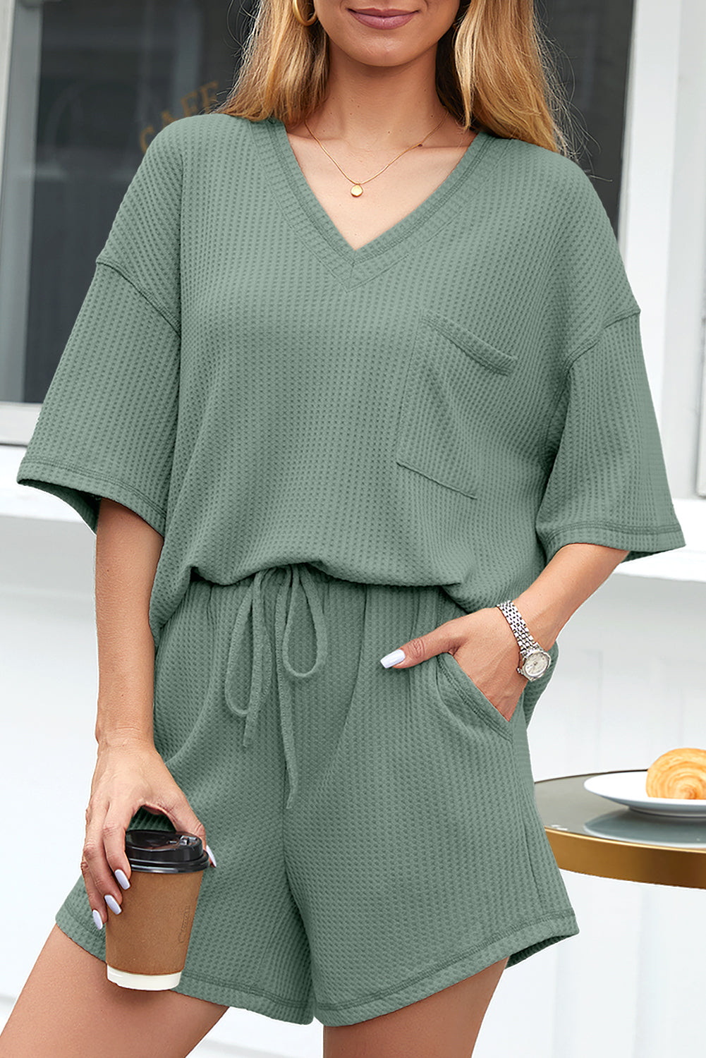 Green Solid Color Waffled V Neck Loose Tee Drawstring Shorts Set