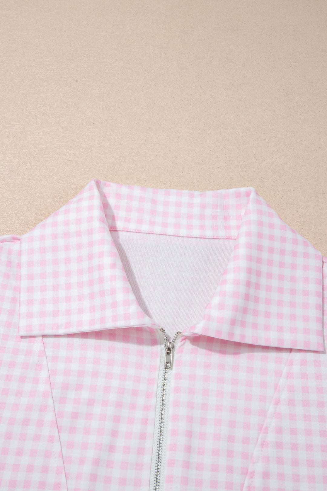 Pink Plaid Zip Neck Sleeveless Top Elastic Waist Shorts Casual Two Piece Short Set