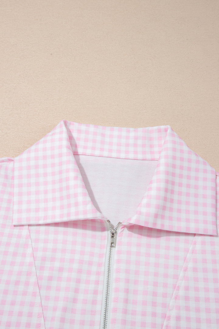 Pink Plaid Zip Neck Sleeveless Top Elastic Waist Shorts Casual Two Piece Short Set