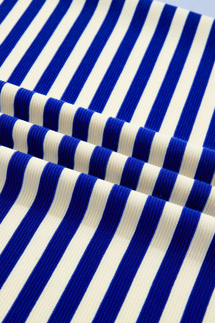 Blue Stripe Contrast Trim Cap Sleeve Top Casual Shorts 2pcs Set