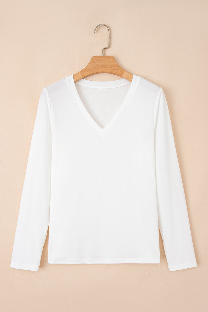 White Solid Color V Neck Long Sleeve Stretchy Top