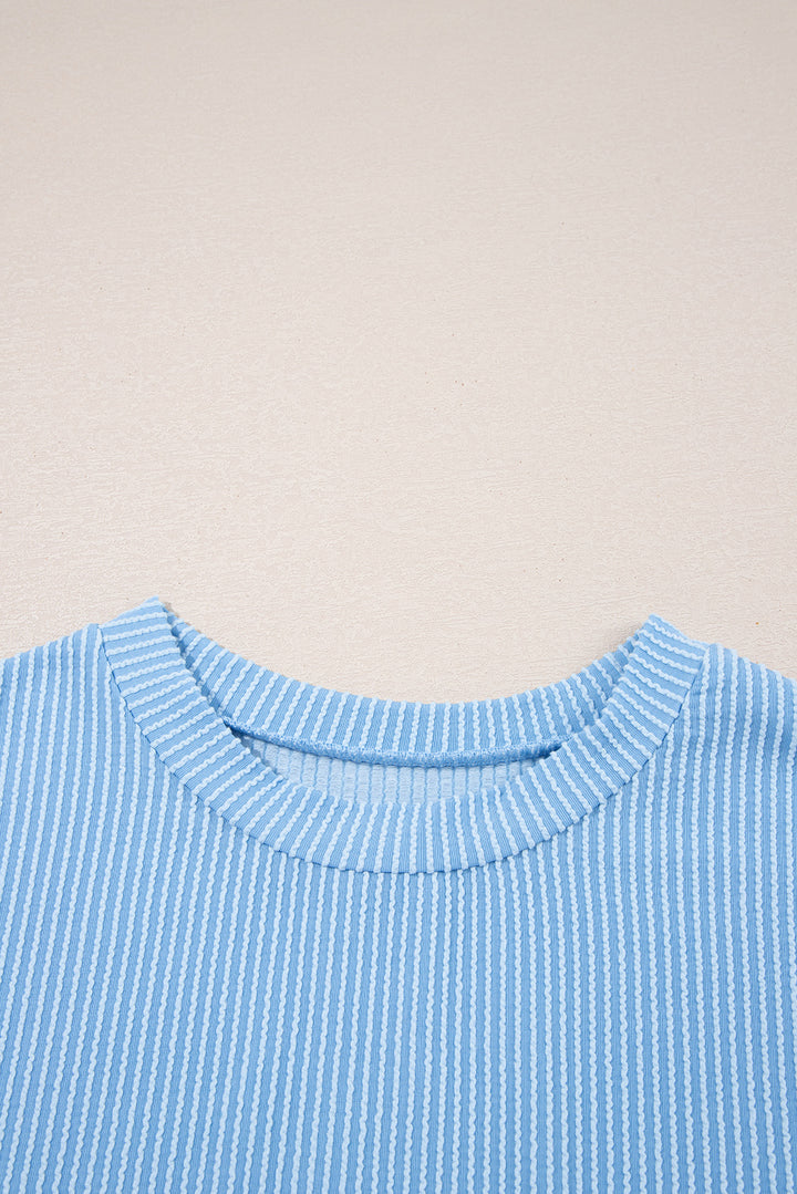Dark Blue Corded Knit Color Block Pocketed Crew Neck T Shirt