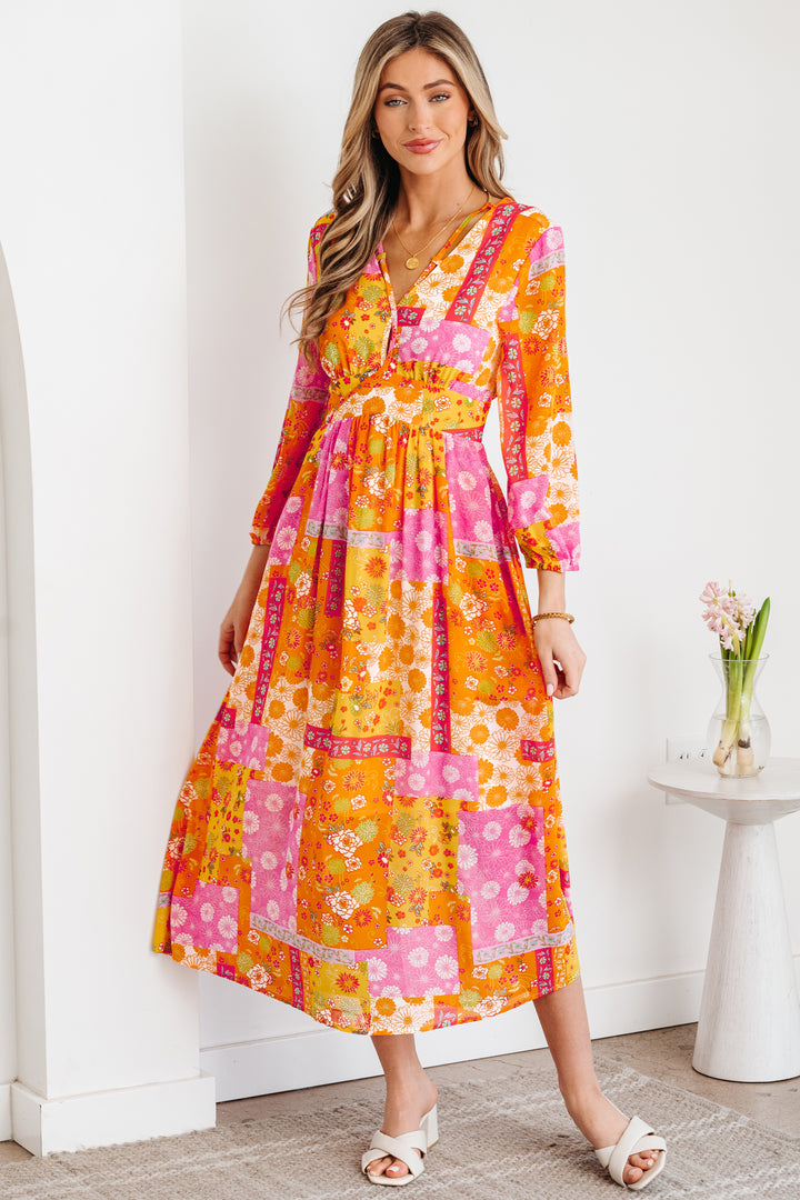 Orange Floral Print Cut out Tied Back Bracelet Sleeve Maxi Dress