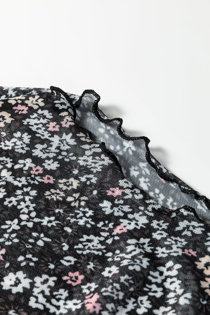 Black Ditsy Floral Mesh Thumbhole Sleeve Slim Fit Top