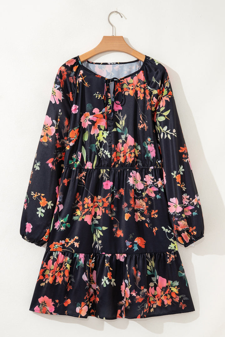 Black Plus Size Floral Print Tie Neck Long Sleeve Mini Dress