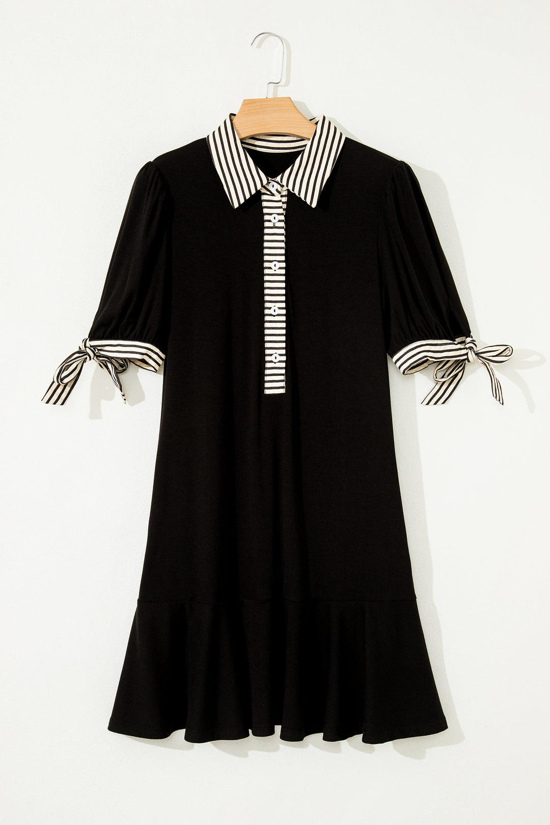 Stripe Detail Polo Collar Half Buttons Tied Short Sleeve Shift Mini Dress