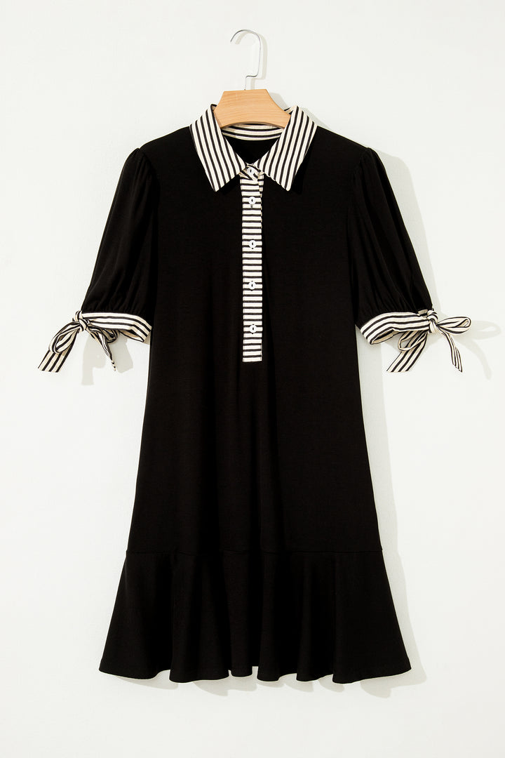Stripe Detail Polo Collar Half Buttons Tied Short Sleeve Shift Mini Dress