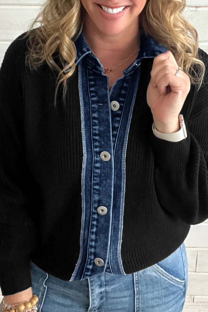 Color black Placket Paneling Shirt Collar Long Sleeve Cardigan