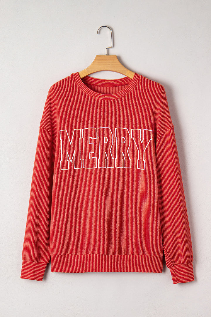 Twisted Rib Outlined Merry Letter Graphic Loose Long Sleeve Top