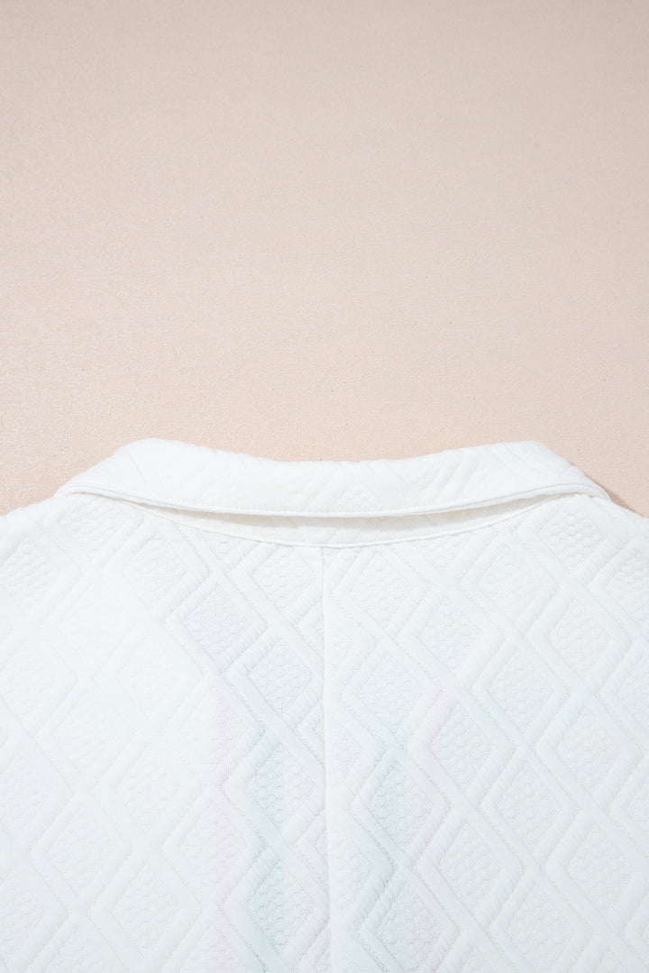White Contrast Striped Collar Patchwork Textured Half Sleeve Blouse
