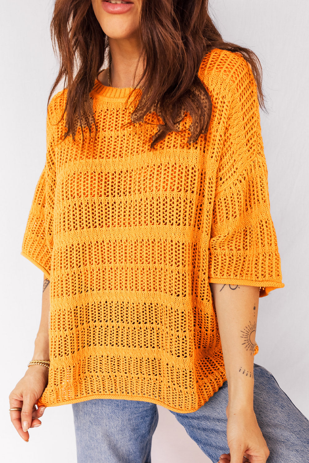 Hollow out Openwork Knit 3/4 Sleeve Sweater
