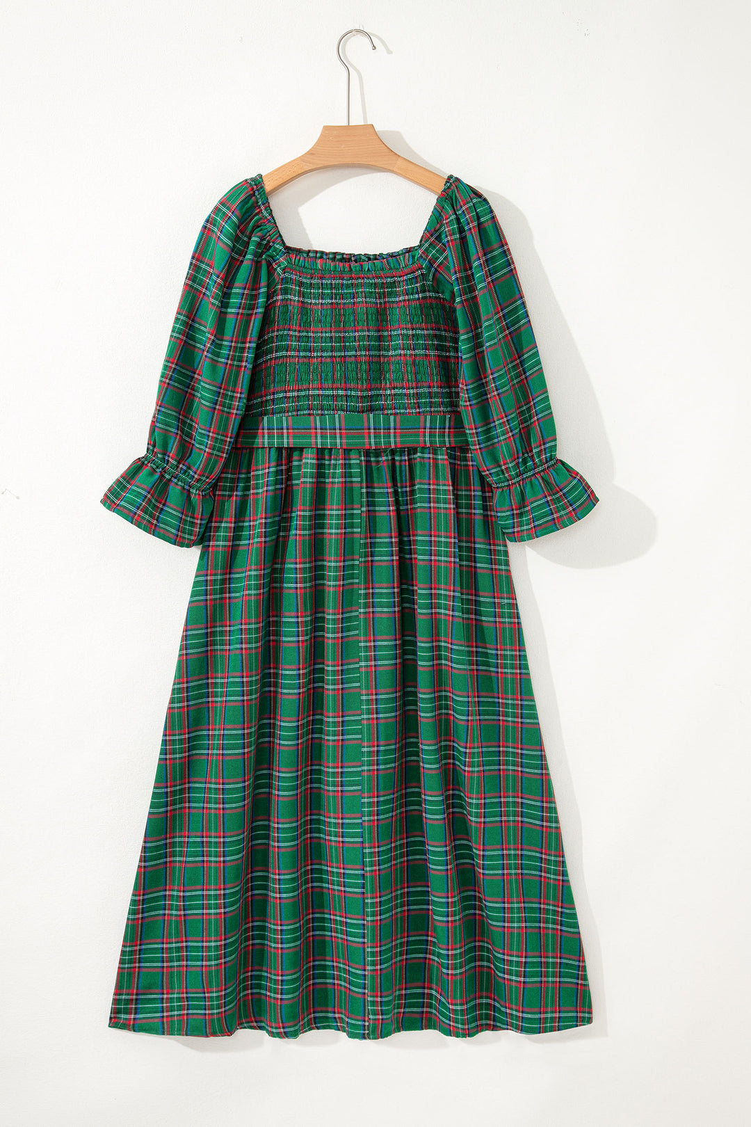 Green Tartan Plaid Square Neck Knot Waist Flared Midi Dress