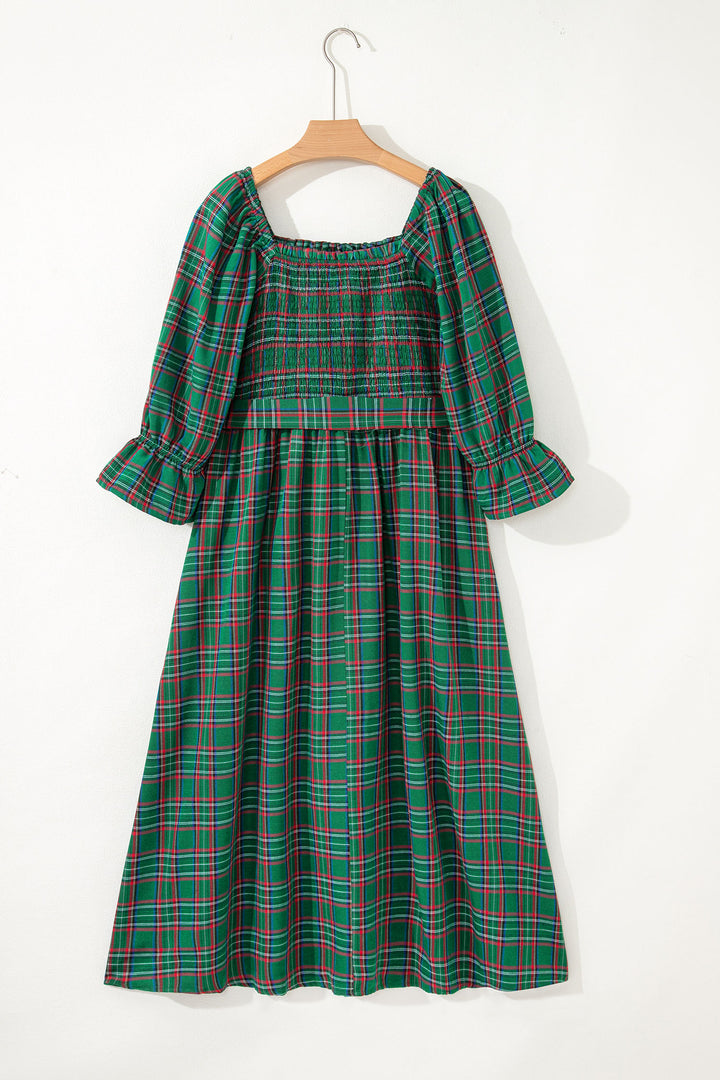 Green Tartan Plaid Square Neck Knot Waist Flared Midi Dress