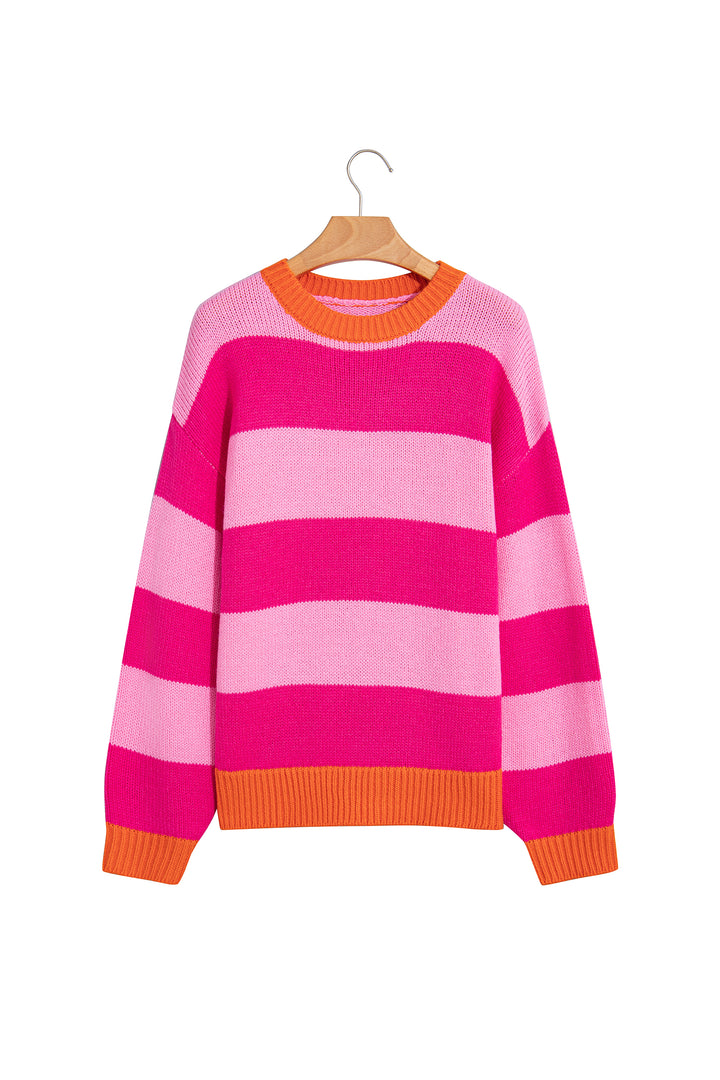 Rose Stripe Casual Colorblock Knit Drop Shoulder Relaxed Sweater